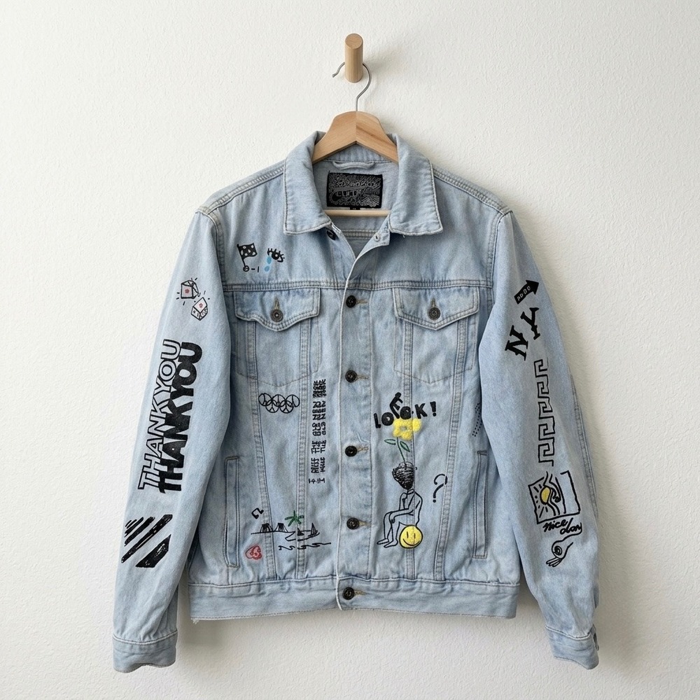 Brooklyn‎ Cloth Graphic Denim Jacket M Flash Tattoo Indie Sleaze Skate Punk NYC